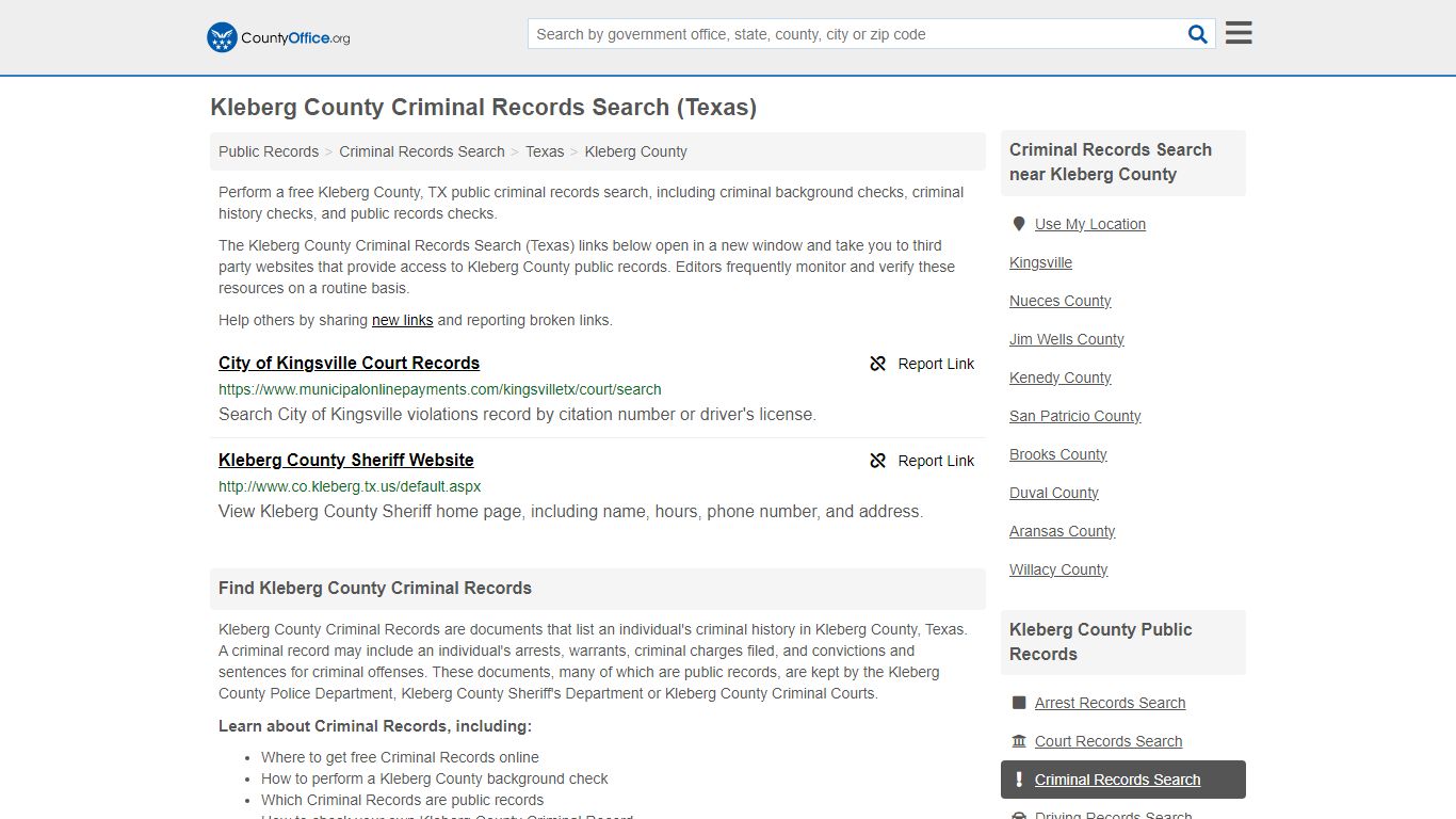 Kleberg County Criminal Records Search (Texas) - County Office