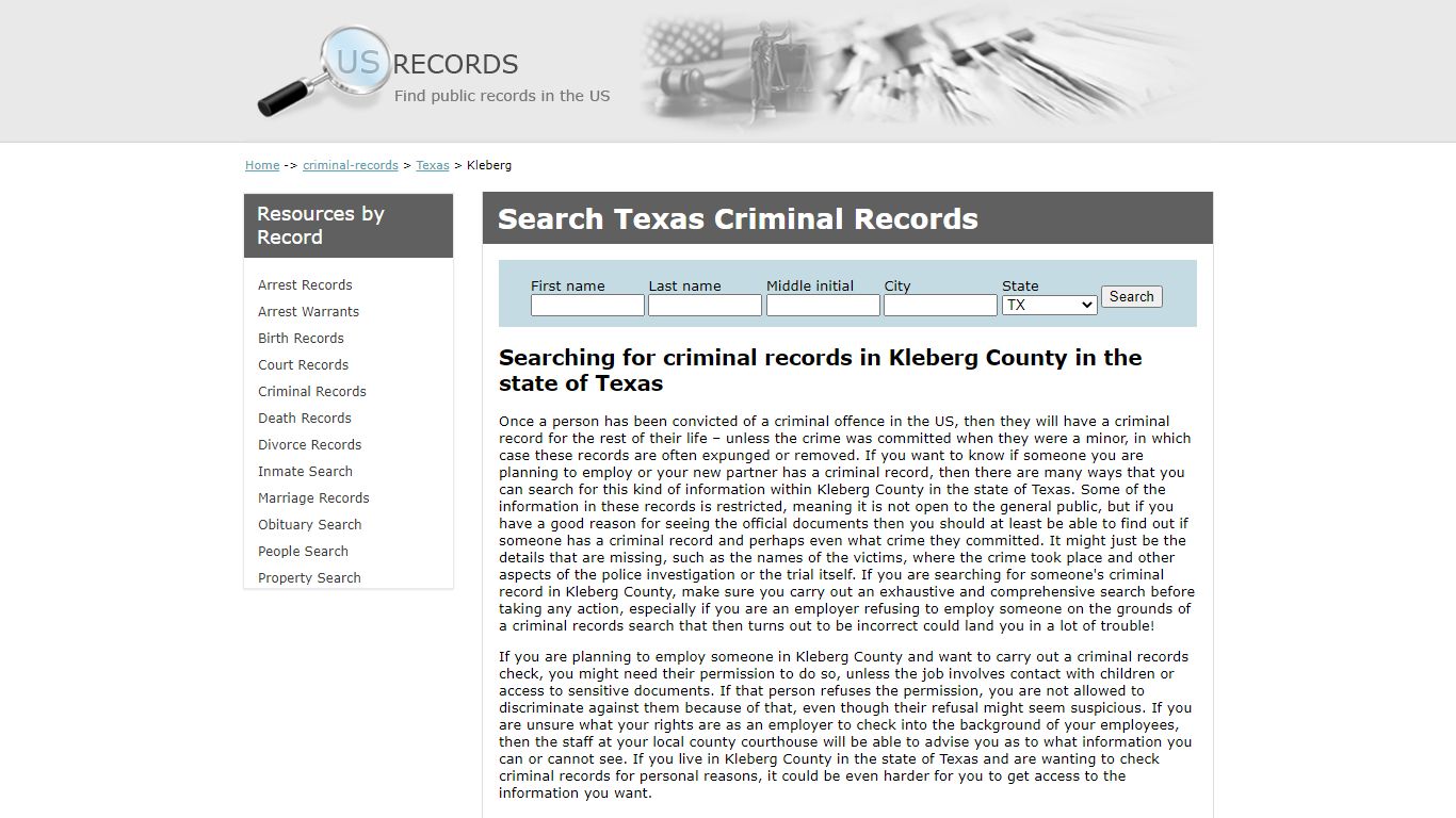 Search Criminal Records Kleberg Texas | US Records